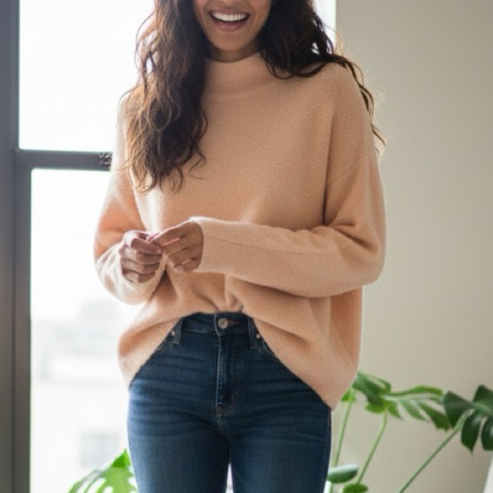 Cozy Express Fuzzy Knit Mock Neck Pullover Sweater Peach S